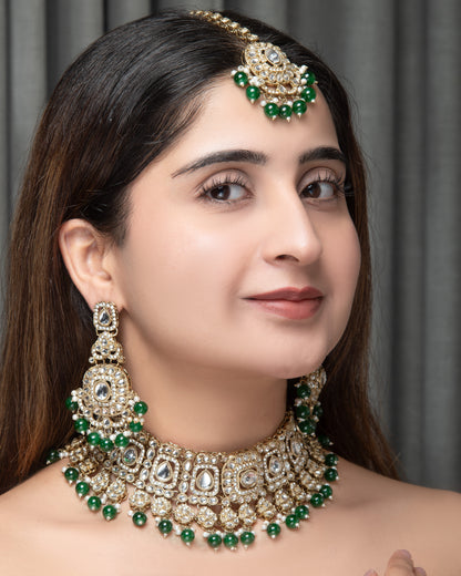 Green Upneet Premium Polki Dupe Necklace with Earring and Teeka