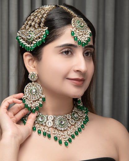 Green Yoshita Necklace Earring with Teeka and Side Jhumar/Passa