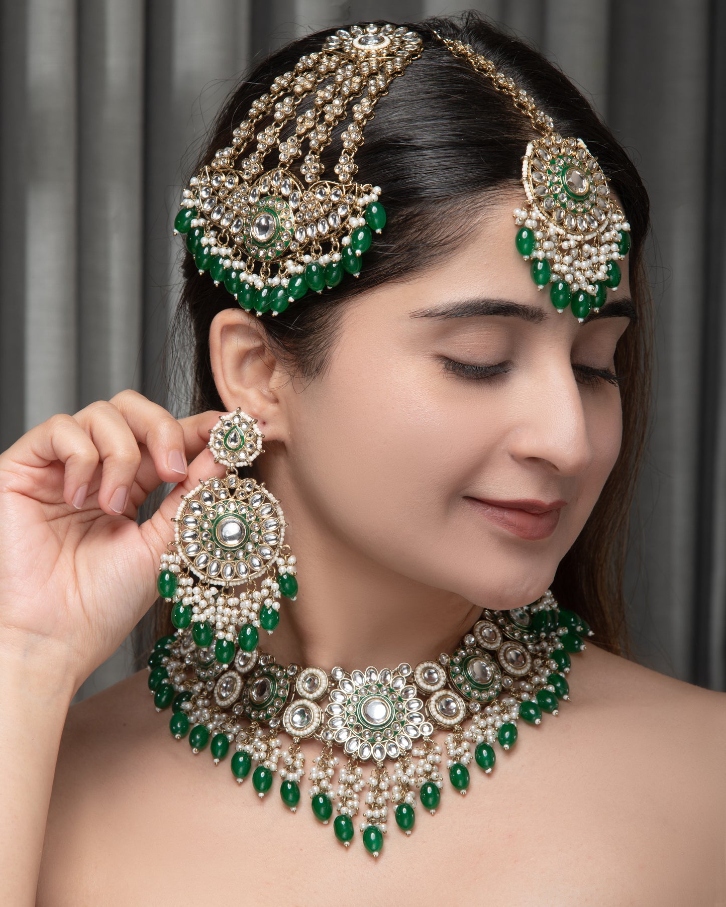 Green Yoshita Necklace Earring with Teeka and Side Jhumar/Passa