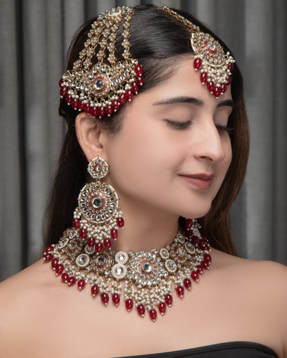 Dark Red Yoshita Necklace Earring with Teeka and Side Jhumar/Passa