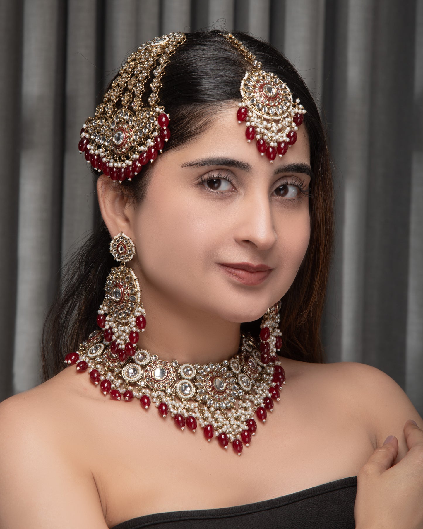 Dark Red Yoshita Necklace Earring with Teeka and Side Jhumar/Passa
