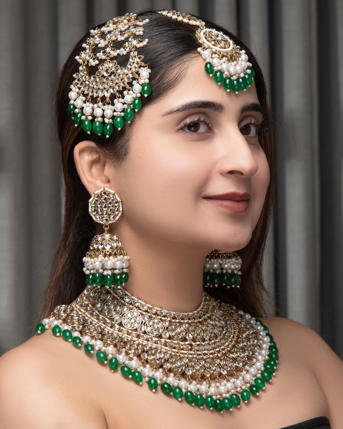 Green Navneet Statement Necklace Earring with Teeka and Side Jhumar/Passa