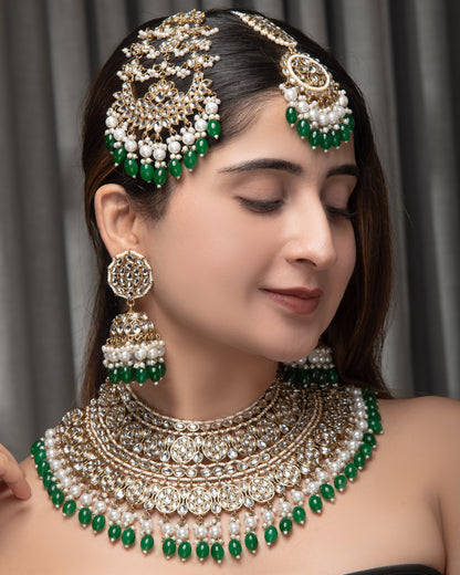 Green Navneet Statement Necklace Earring with Teeka and Side Jhumar/Passa