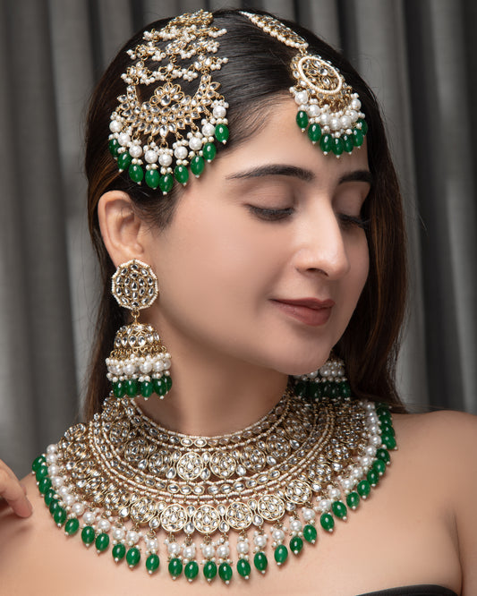 Green Navneet Statement Necklace Earring with Teeka and Side Jhumar/Passa