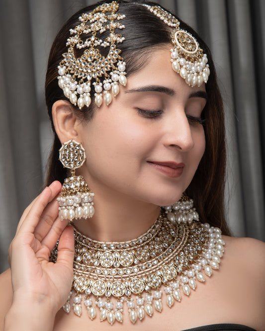 Pearl Navneet Statement Necklace Earring with Teeka and Side Jhumar/Passa