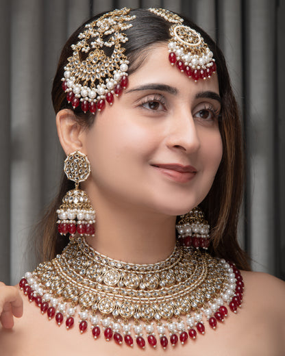 Maroon Navneet Statement Necklace Earring with Teeka and Side Jhumar/Passa