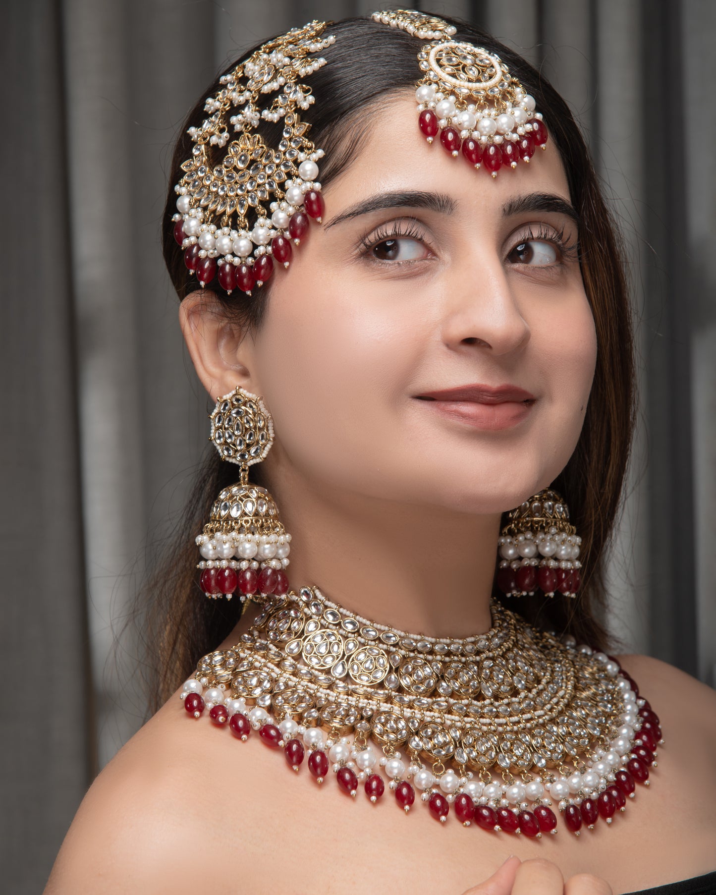 Maroon Navneet Statement Necklace Earring with Teeka and Side Jhumar/Passa