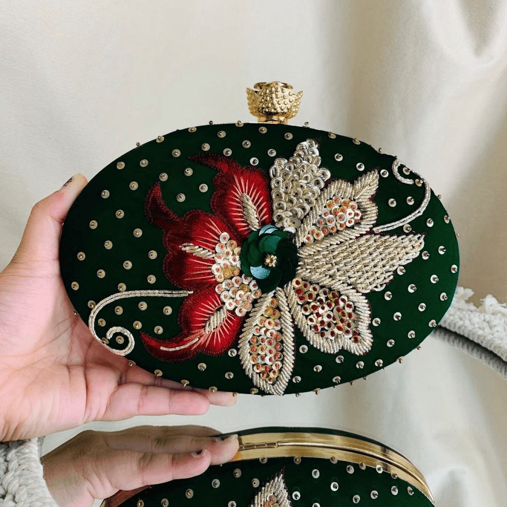 Green Oval Sanvi Embroidered Clutch