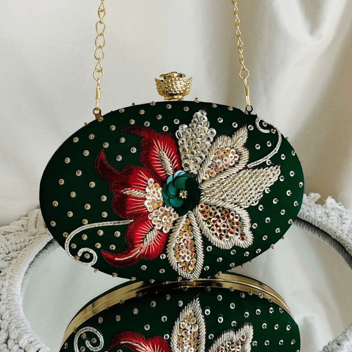 Green Oval Sanvi Embroidered Clutch