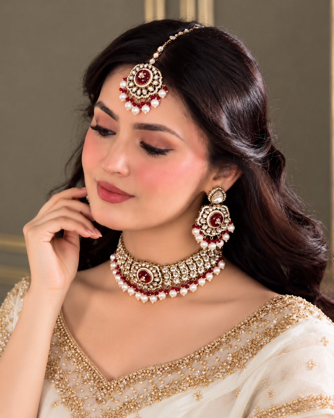 Red Saadika Premium Sabya Inspired Monalisa Necklace Set with Earring & Teeka