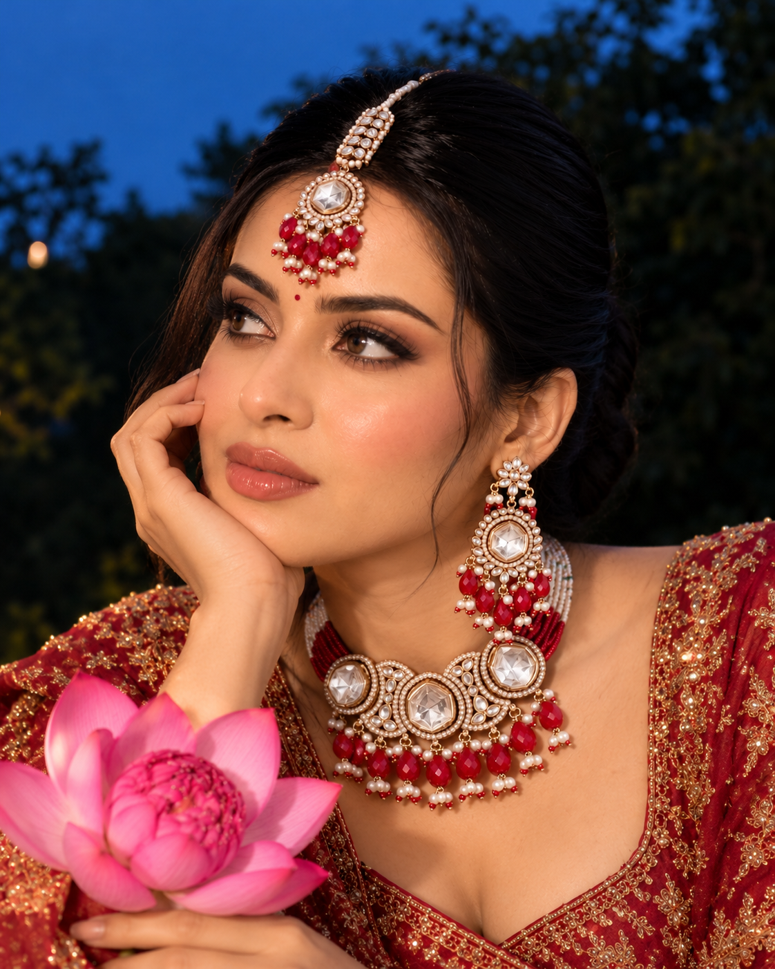 Red Aaradhika Premium Polki Dupe Choker Necklace With Earring & Teeka