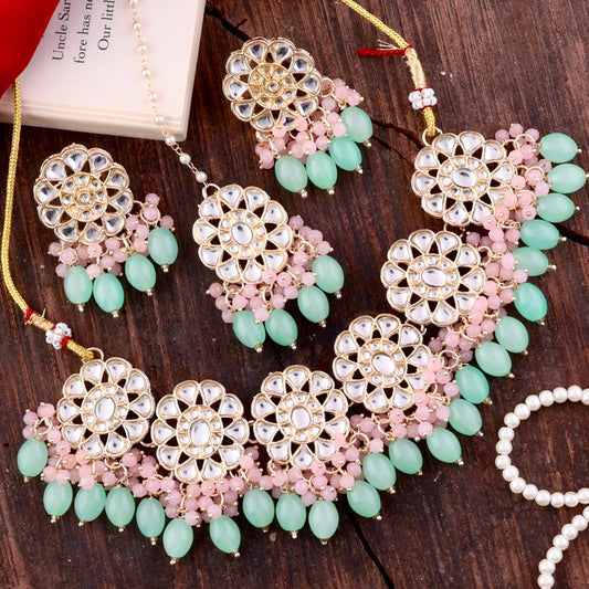 Pastel Yuvraj Choker Necklace Set with Earring and Teeka