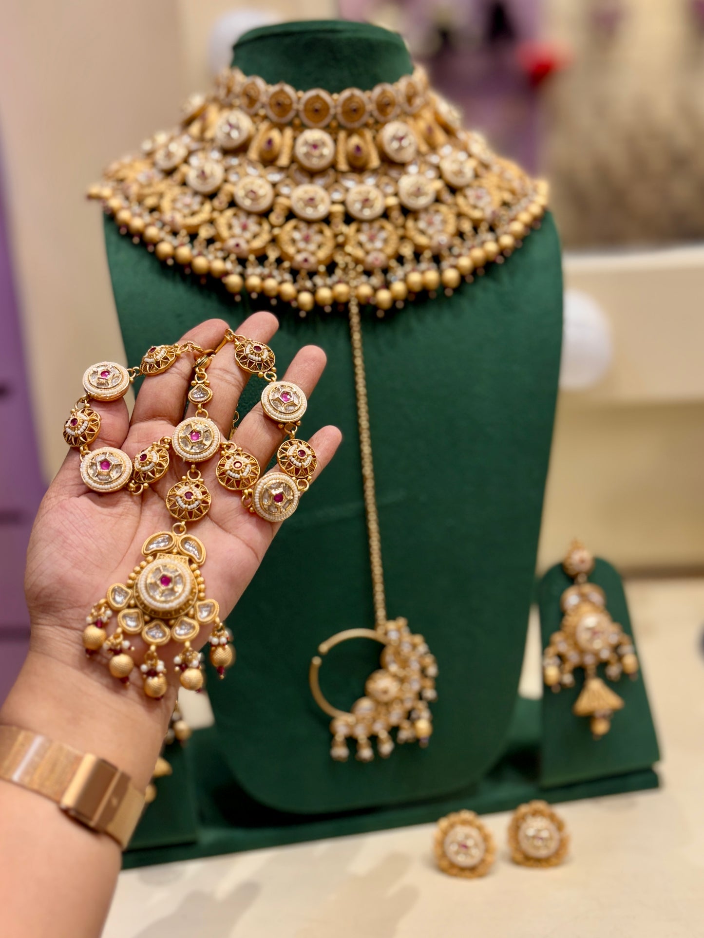 Royal Rajwada Bridal Necklace Set with Jhumki Earring and Sheshpatti with Mangteeka and Bridal Nath Nose Ring and Pair of Ring