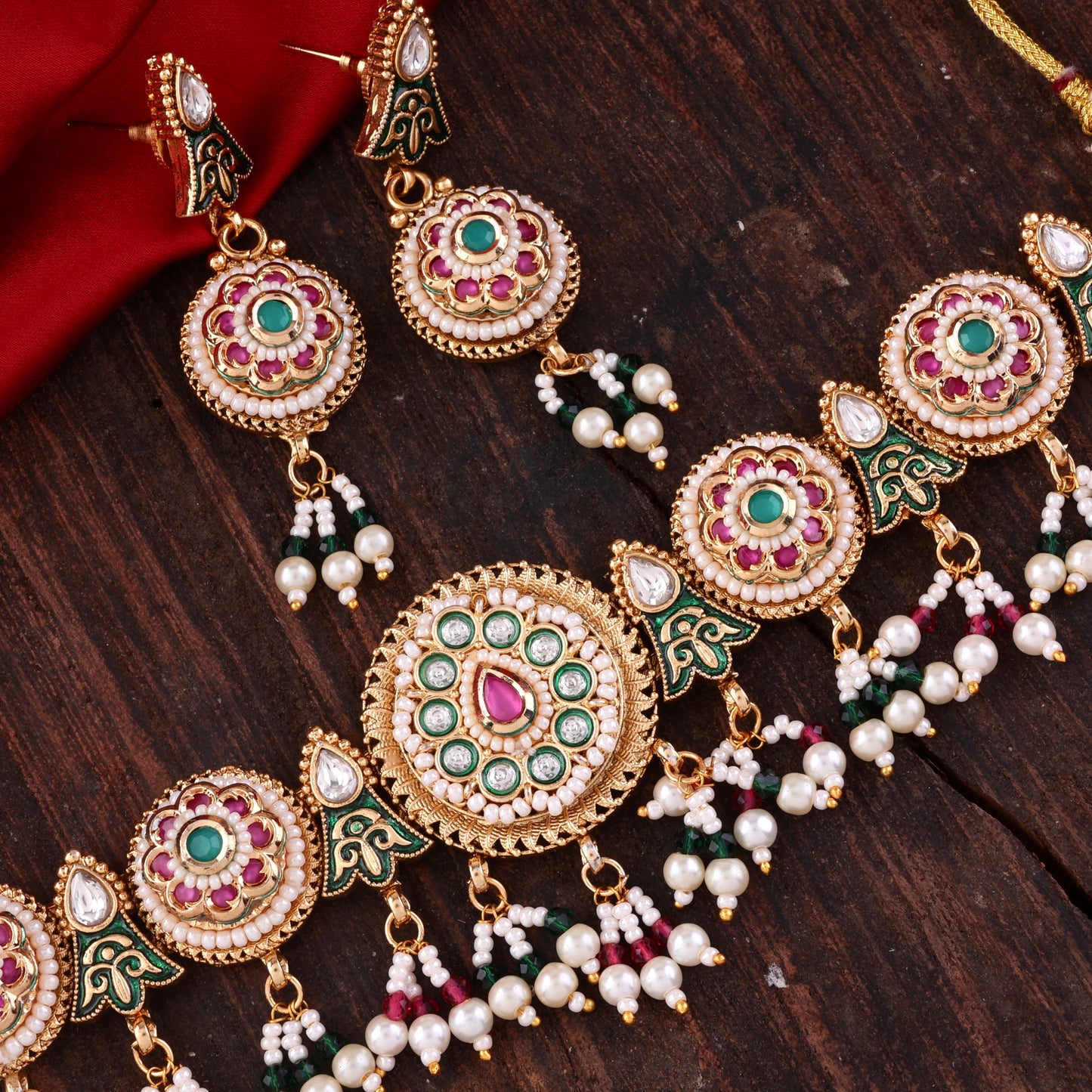 Green Pink Ahilya Rajwada Choker set with Earring