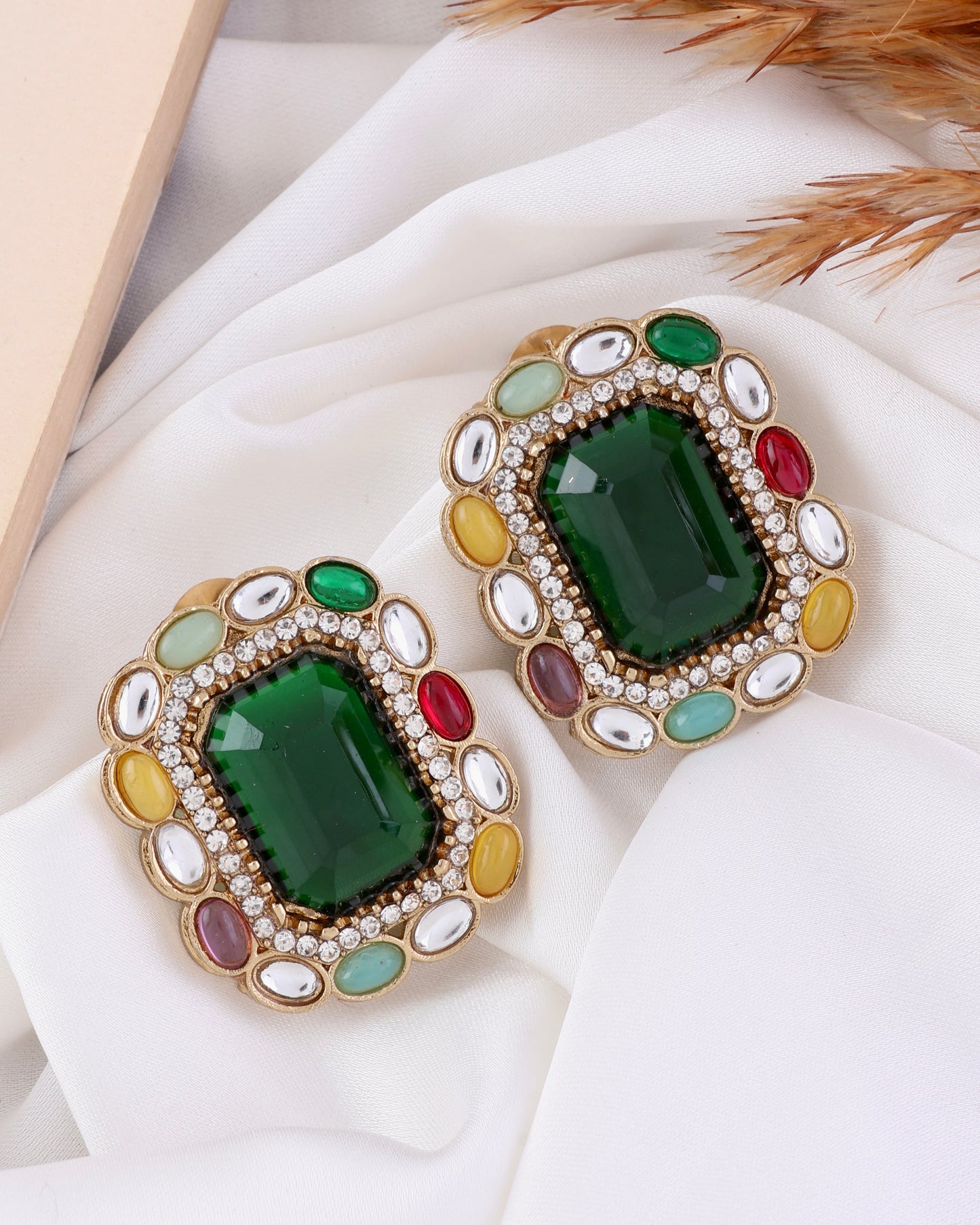 Green Multi Miyoko Premium Kundan Zircone Stud Earrings