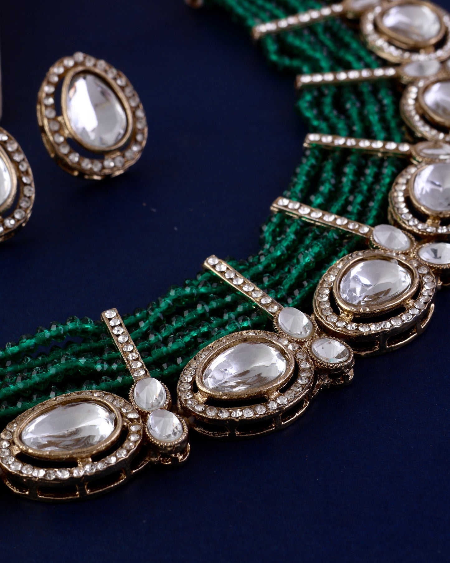 Green Darvesh Zircone Polki Dupe Pearl Necklace with Earring