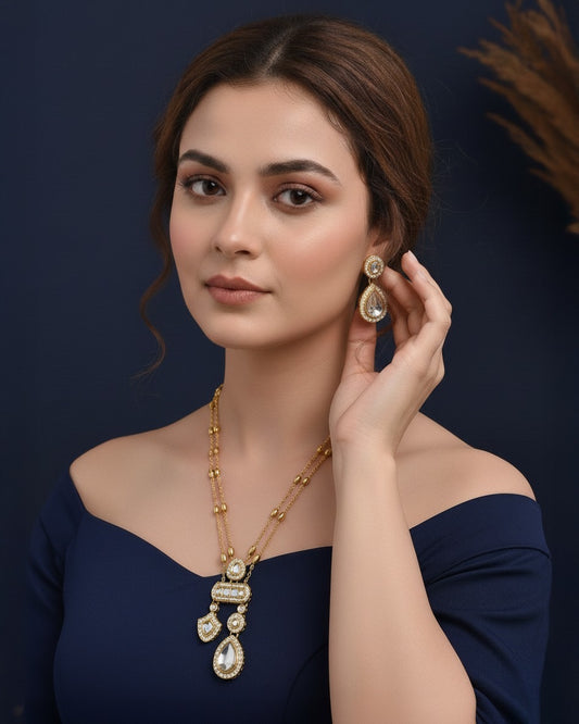 Kabir Polki Dupe Pendant Style Long Necklace Set with Earring