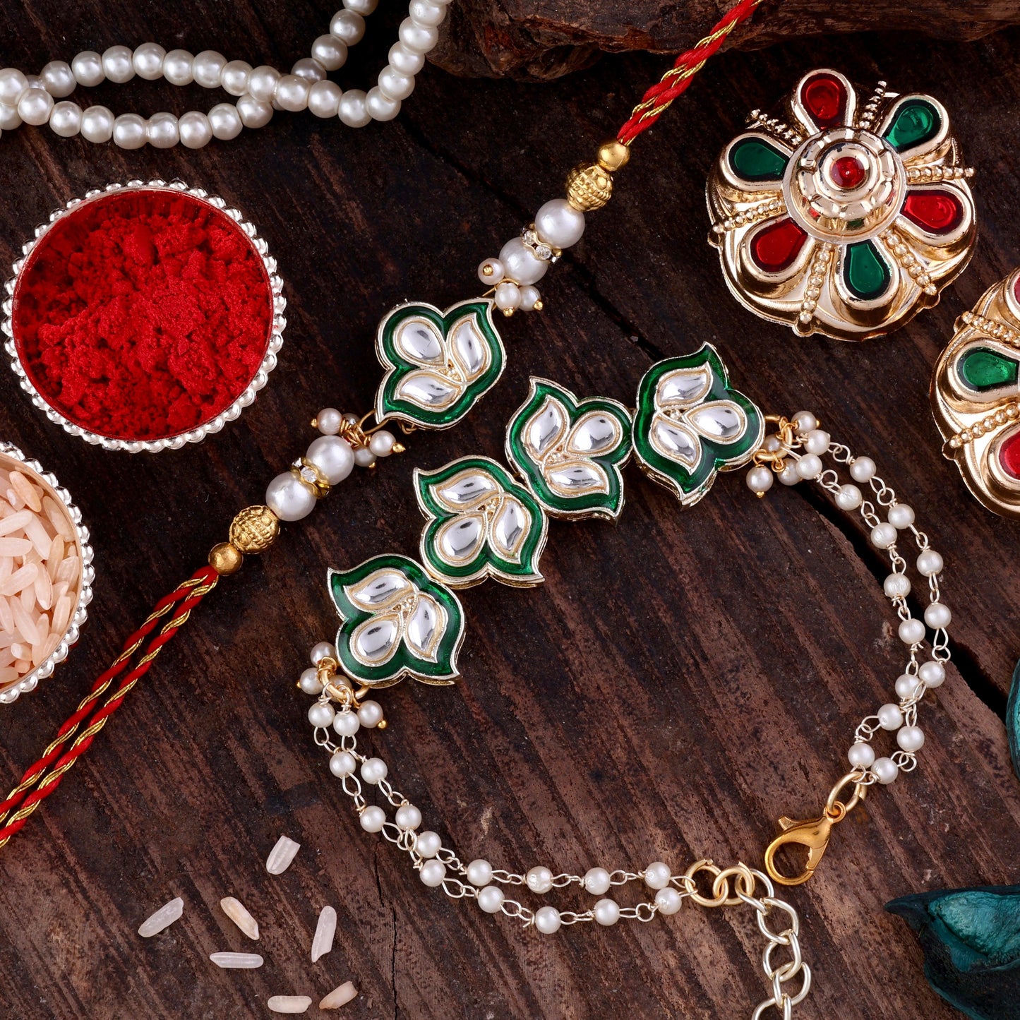 Green Devina Bhaiya Bhabhi Rakhi with Tilak Set and Card