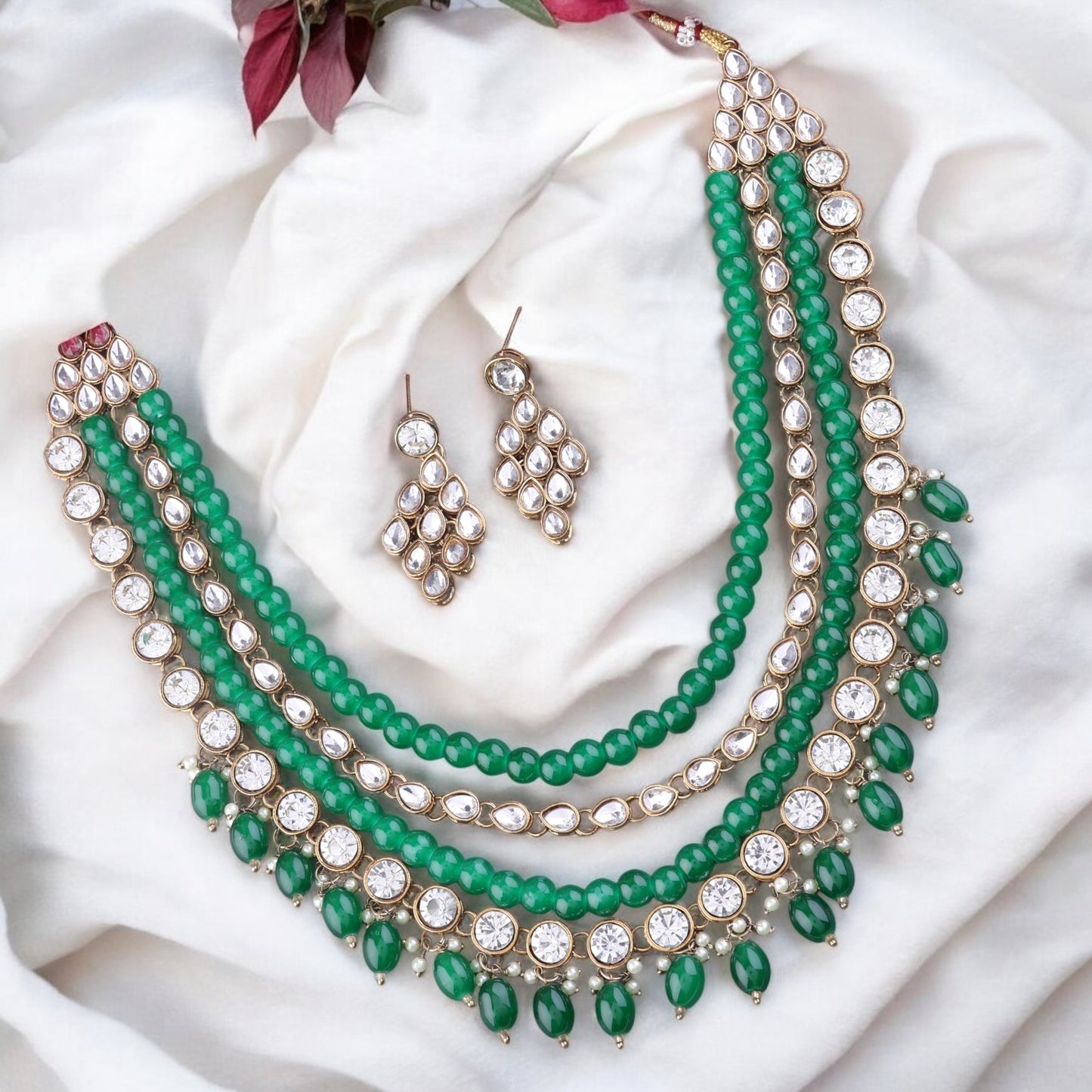 Green Tanya Kundan Beaded Necklace Set with Earring