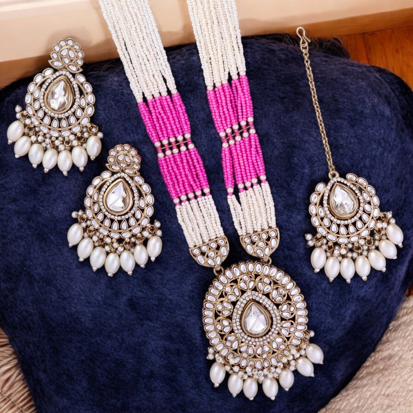 Pink Harnoor Premium Long Necklace with Earring and Mangteeka