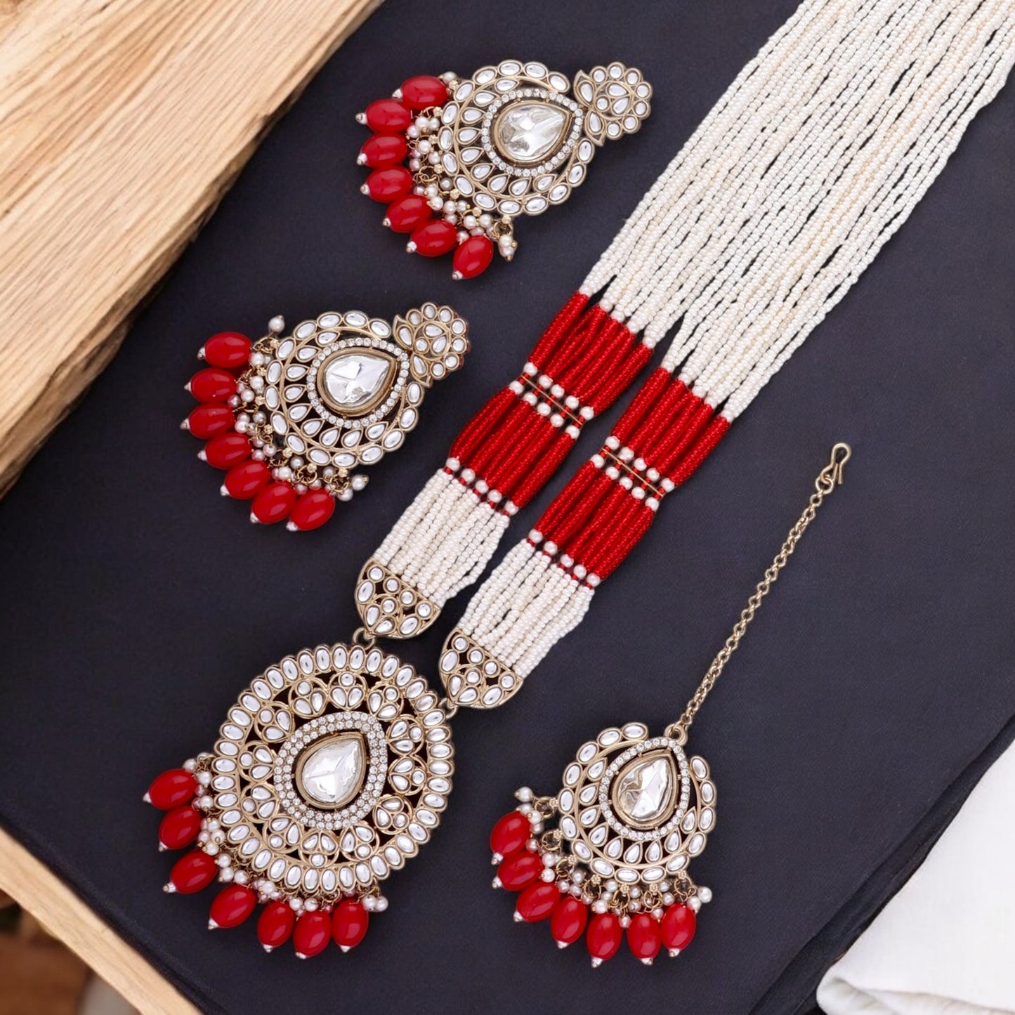 Red Harnoor Premium Long Necklace with Earring and Mangteeka