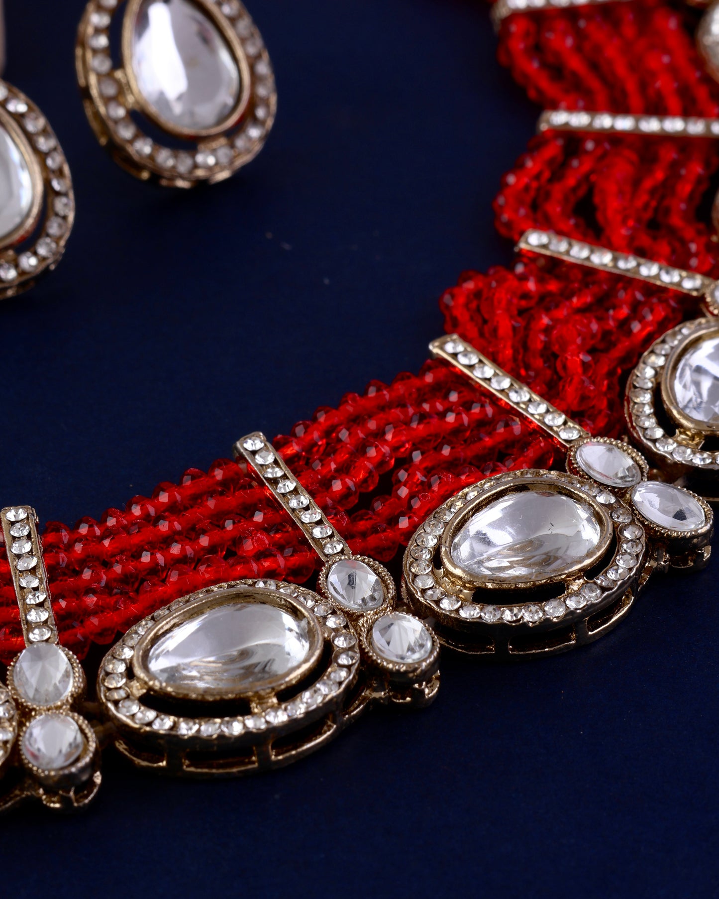 Red Darvesh Zircone Polki Dupe Pearl Necklace with Earring