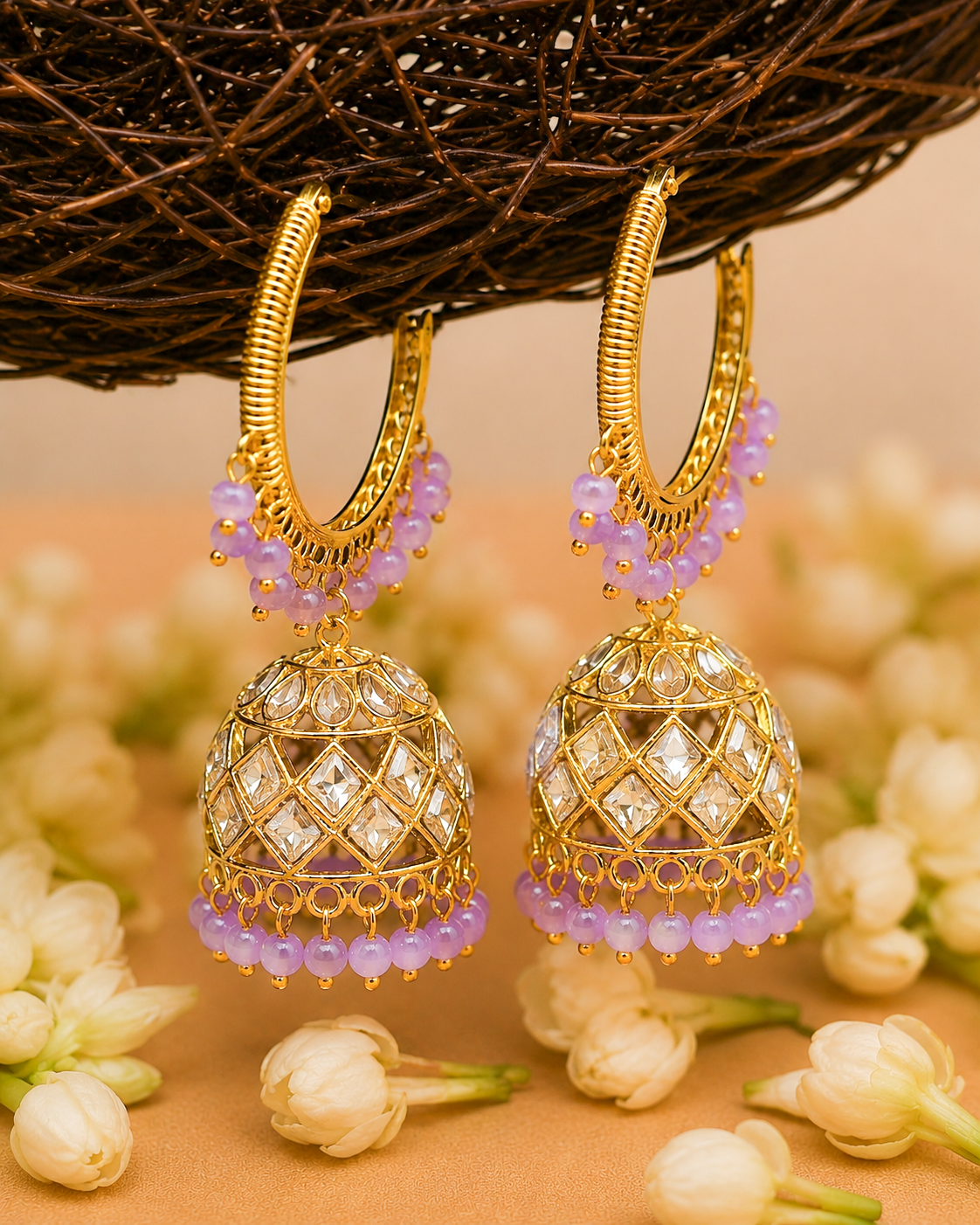 Lilac Mishri Jhumke Earrings