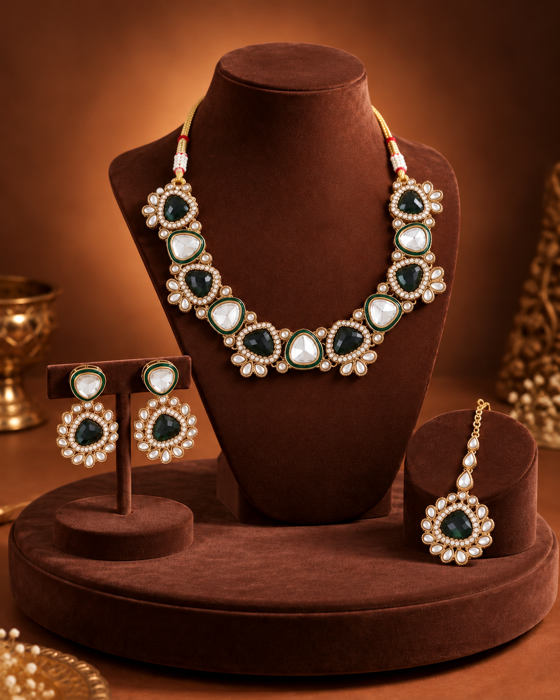 Green Kashvini Premium Polki Dupe Necklace Set With Earring & Teeka
