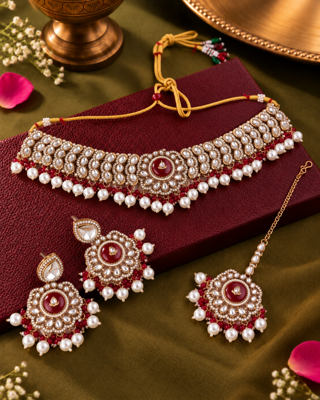 Red Saadika Premium Sabya Inspired Monalisa Necklace Set with Earring & Teeka