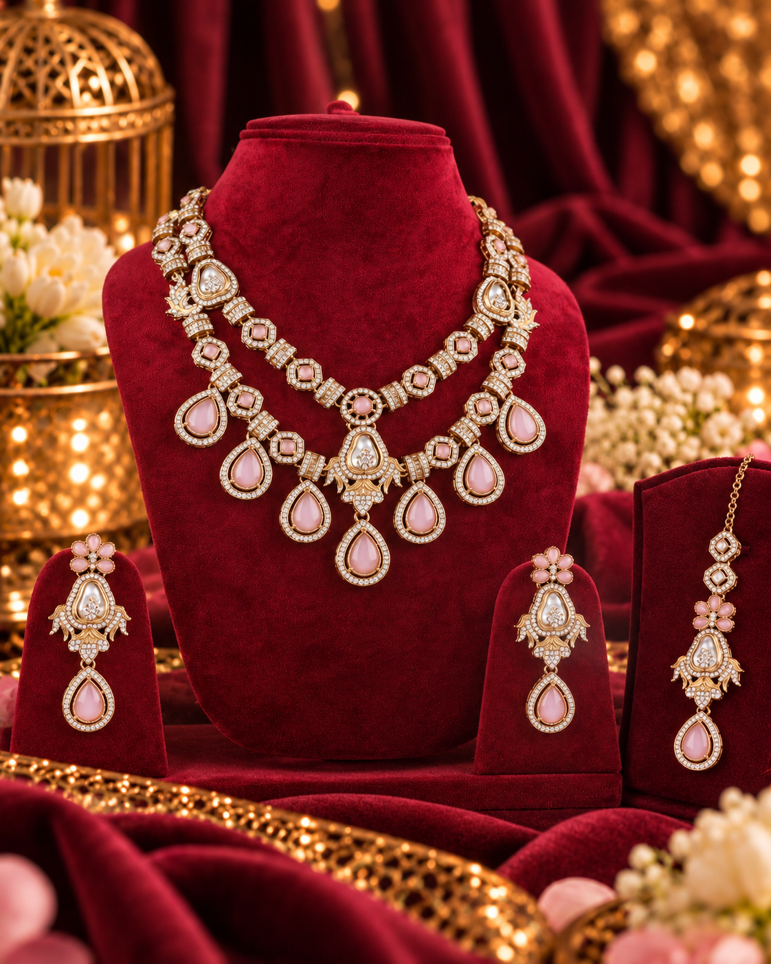 Blush Amrita Premium Sabya Inspired Necklace Set with Earring & Teeka