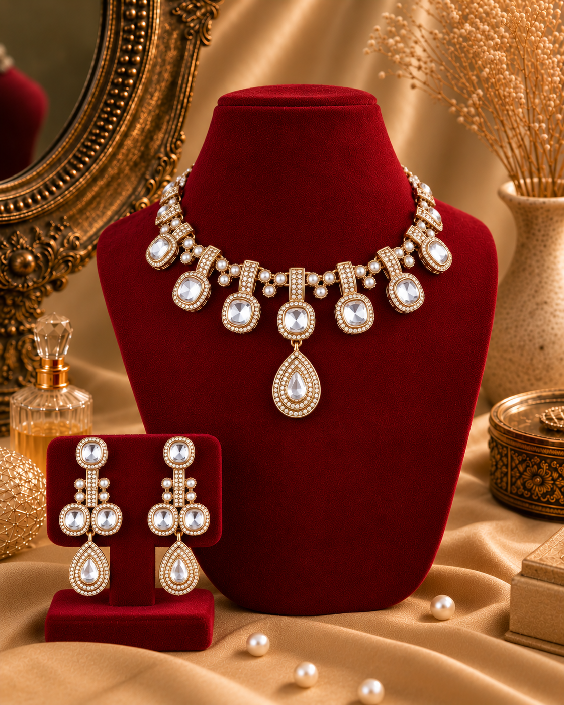 White Kashvika Polki Dupe Necklace Set with Earring and Teeka