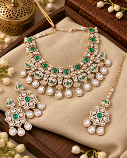 Green Kashmira Kundan Zircone Necklace With Teeka & Earring