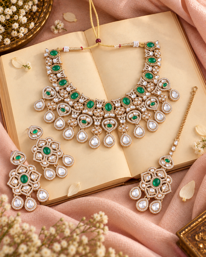 Green Kashmira Kundan Zircone Necklace With Teeka & Earring