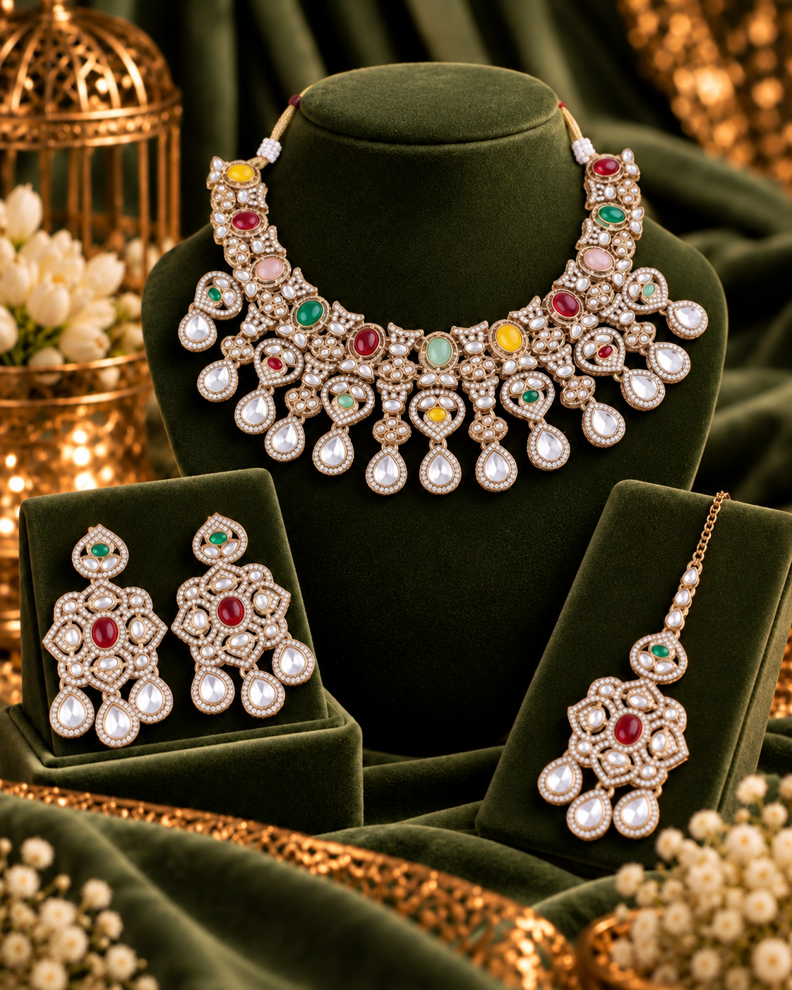 Multi Kashmira Kundan Zircone Necklace With Teeka & Earring