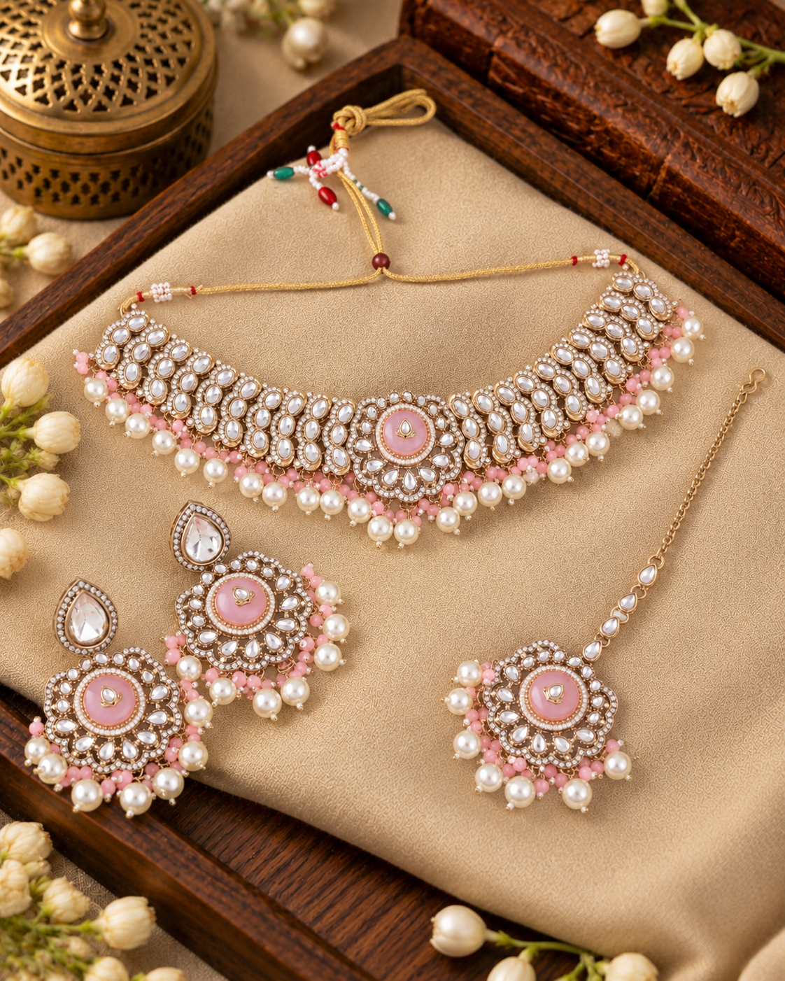 Blush Saadika Premium Sabya Inspired Monalisa Necklace Set with Earring & Teeka