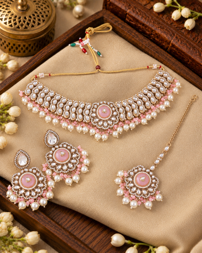 Blush Saadika Premium Sabya Inspired Monalisa Necklace Set with Earring & Teeka
