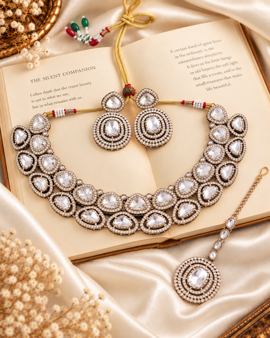 White Rajnivanshi Premium Polki Dupe Necklace with Earring and Teeka