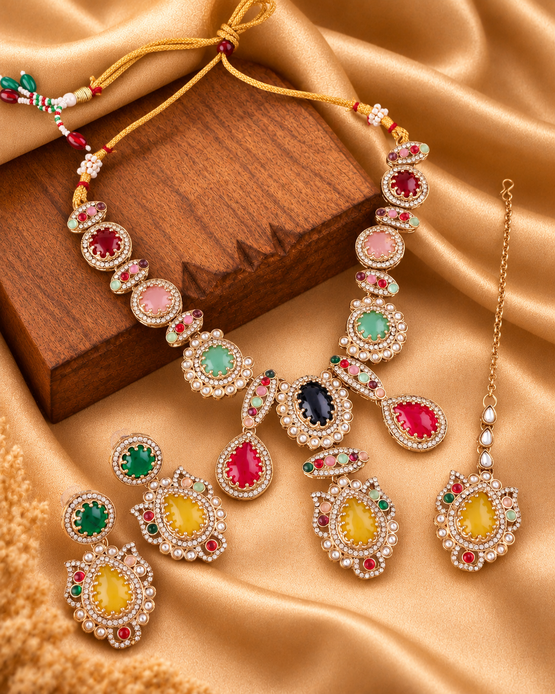 Multi Ratnavali Premium Sabya Inspired Necklace Set with Earring & Teeka