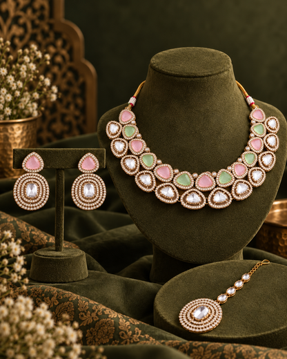 Pastel Rajnivanshi Premium Polki Dupe Necklace with Earring and Teeka