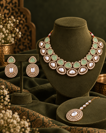 Mint Rajnivanshi Premium Polki Dupe Necklace with Earring and Teeka