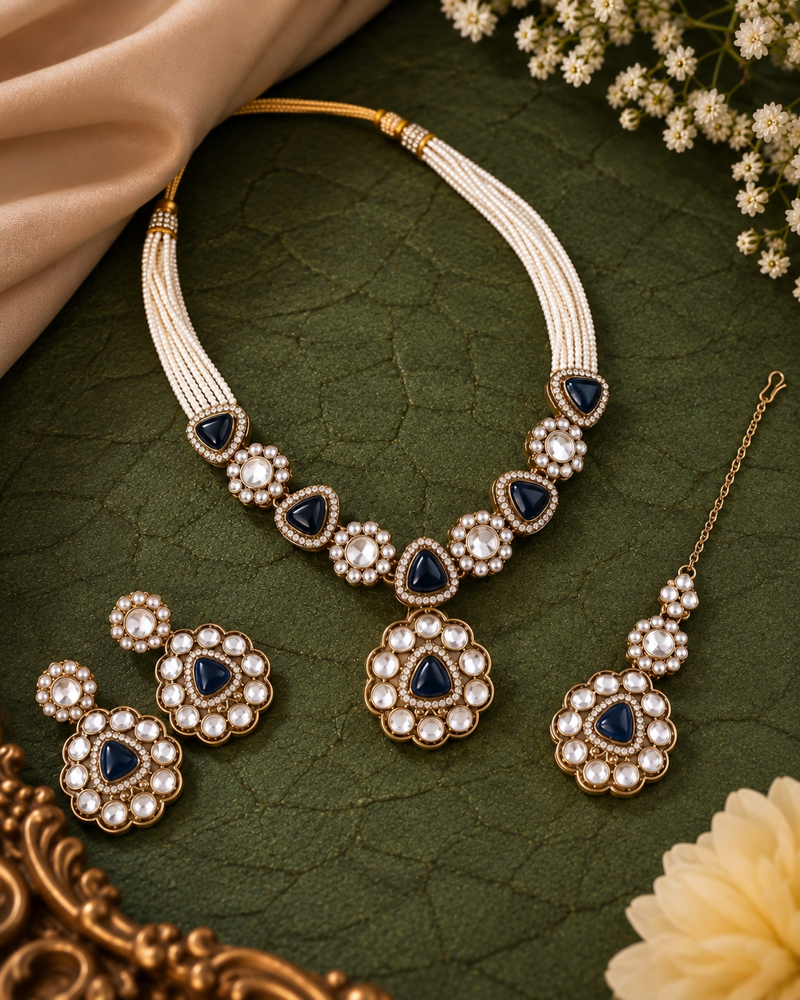 Blue Jasneet Premium Zircone Polki Dupe Necklace Set With Earrings & Teeka