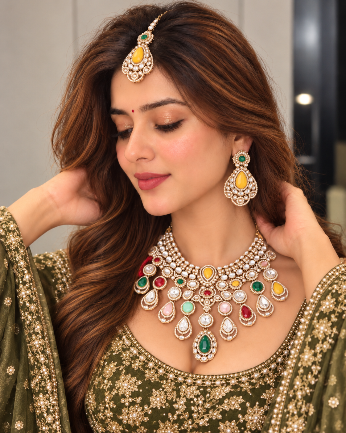 Multi Nimishu Premium Polki Dupe Necklace Set with Earring & Mangteeka