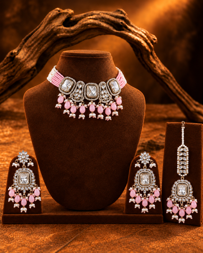 Blush Vrishtika Premium Polki Dupe Choker Necklace With Earring & Teeka
