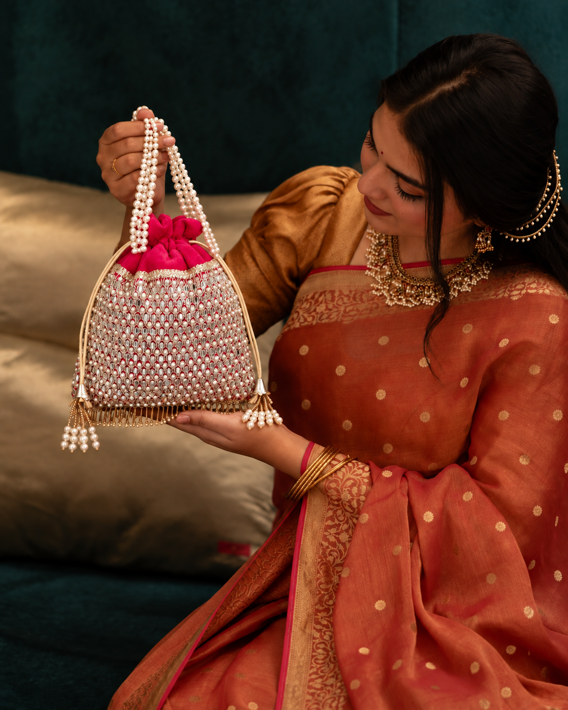 Pink Aarshita Ethnic Mirror Pearl Batua Bag