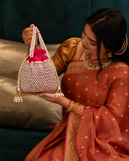 Pink Aarshita Ethnic Mirror Pearl Batua Bag