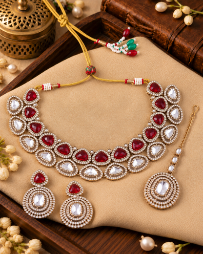 Red Rajnivanshi Premium Polki Dupe Necklace with Earring and Teeka