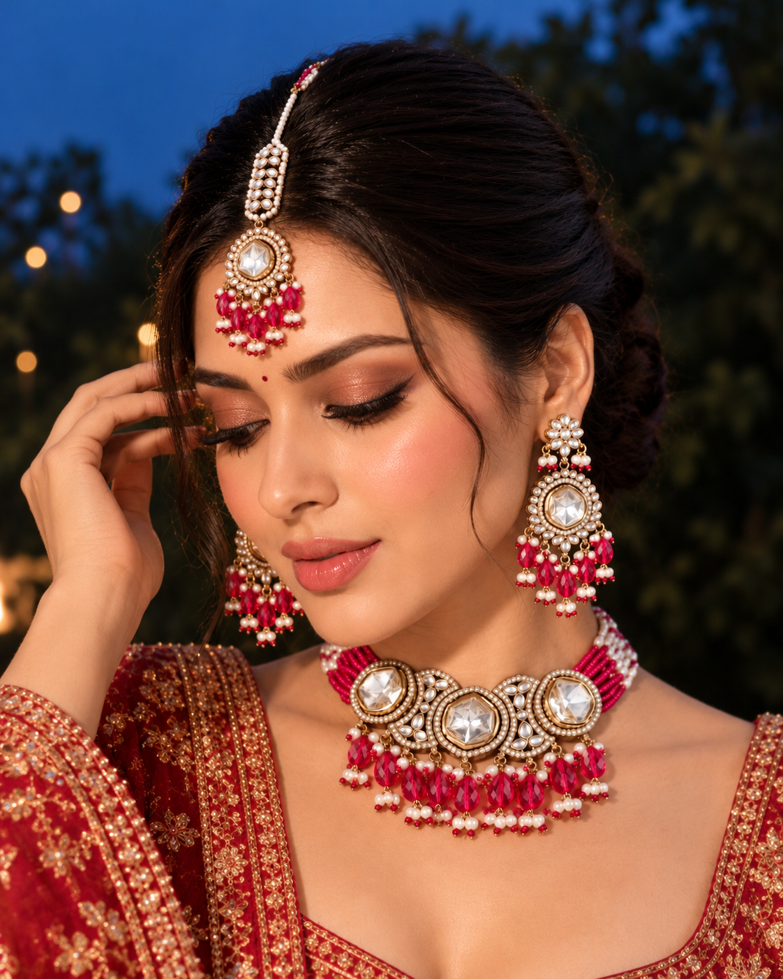 Pink Aaradhika Premium Polki Dupe Choker Necklace With Earring & Teeka