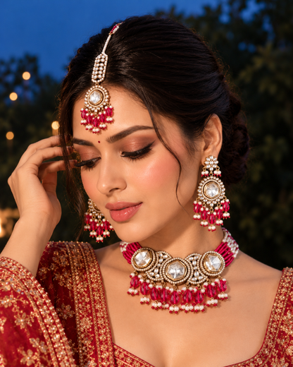Pink Aaradhika Premium Polki Dupe Choker Necklace With Earring & Teeka