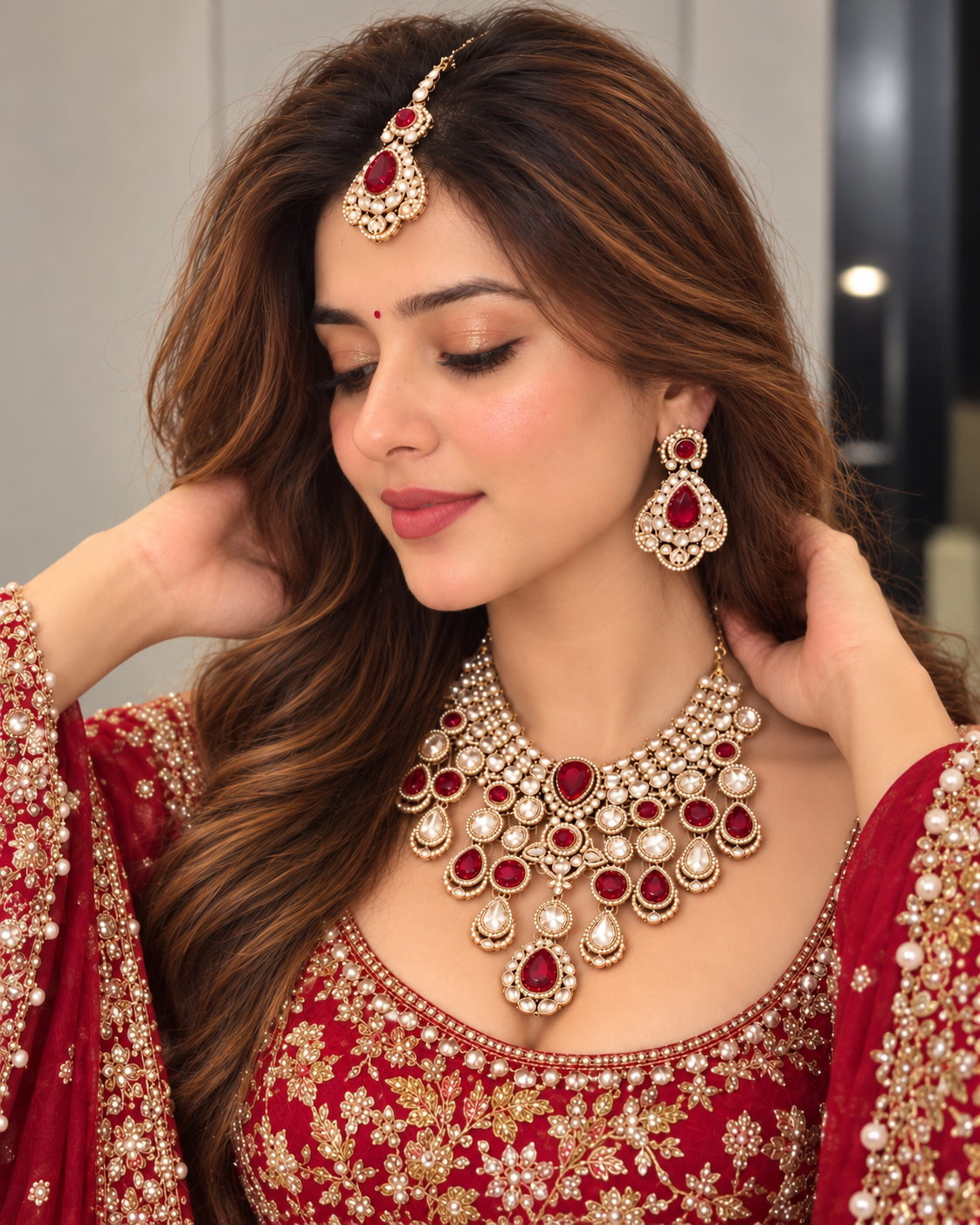 Red Nimishu Premium Polki Dupe Necklace Set with Earring & Mangteeka