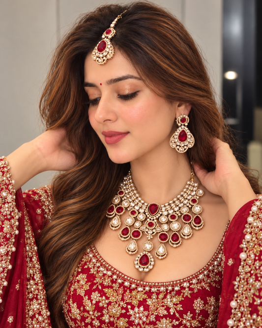 Red Nimishu Premium Polki Dupe Necklace Set with Earring & Mangteeka